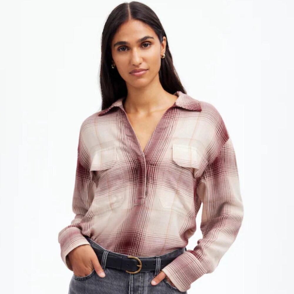 NWT Madewell Popover Shirt Burgundy and Cream Plaid Shirt in Cabernet Buttoned